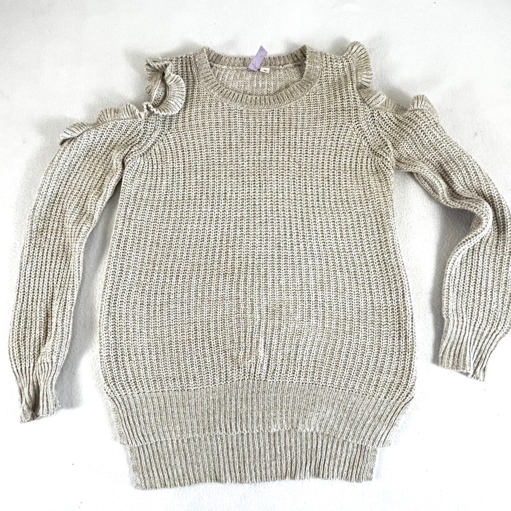Alya Francescas Women Beige Ruffle‎ Cold Shoulder Ribbed Knit Sweater Medium